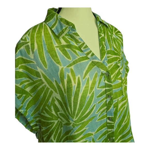 Sigrid Olsen Top Womens Size Medium Green/ Blue Palm Leaf 100% Linen Button Up - Picture 4 of 10